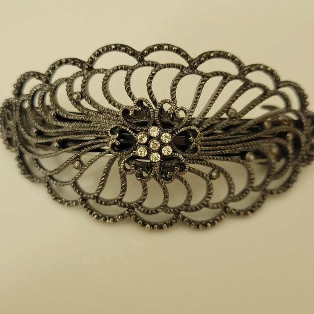 Vintage Style Silver Tone Filigree Rhinestone Hair Barrette Clip 3.5